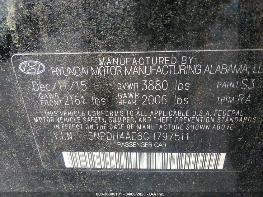 2016 HYUNDAI ELANTRA SE - 5NPDH4AE6GH797511
