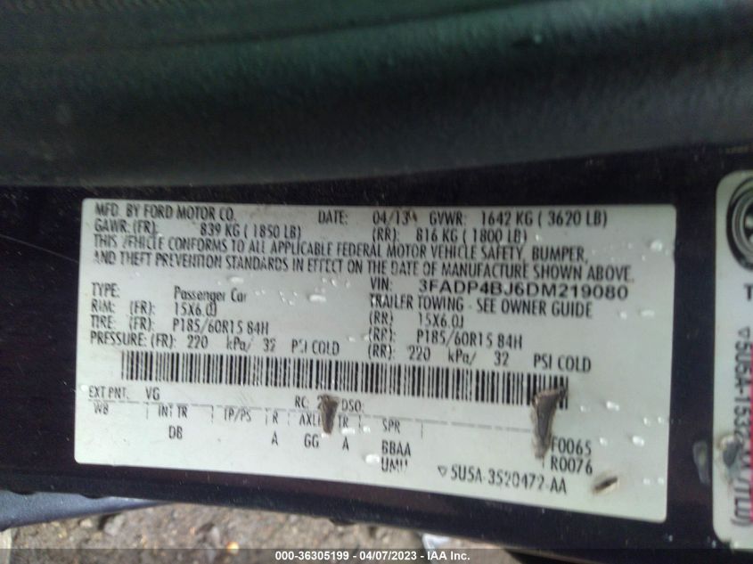 2013 FORD FIESTA SE - 3FADP4BJ6DM219080