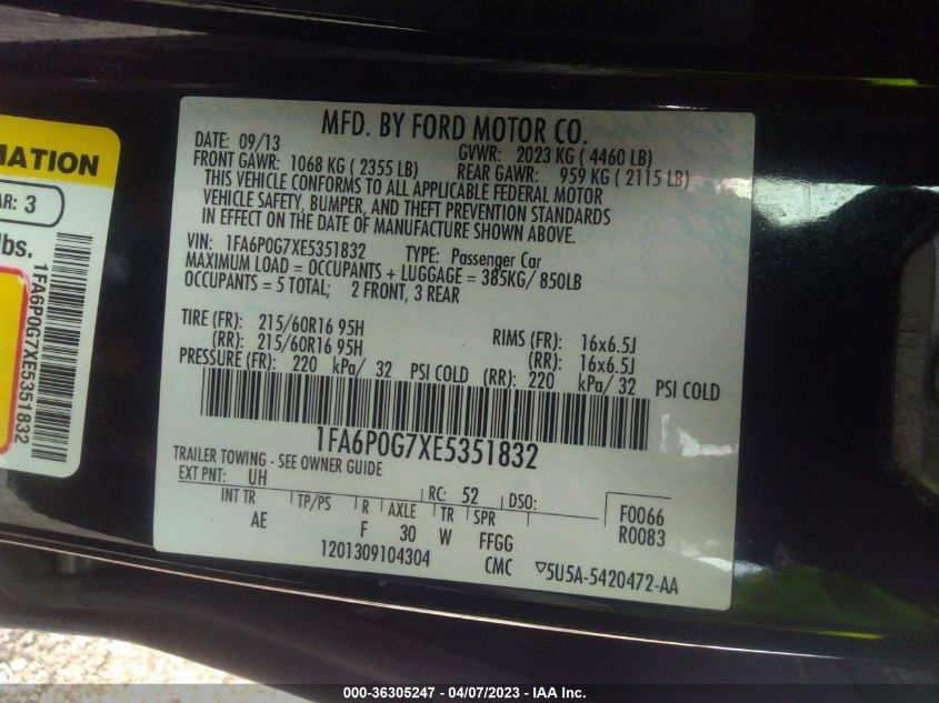 2014 FORD FUSION S - 1FA6P0G7XE5351832