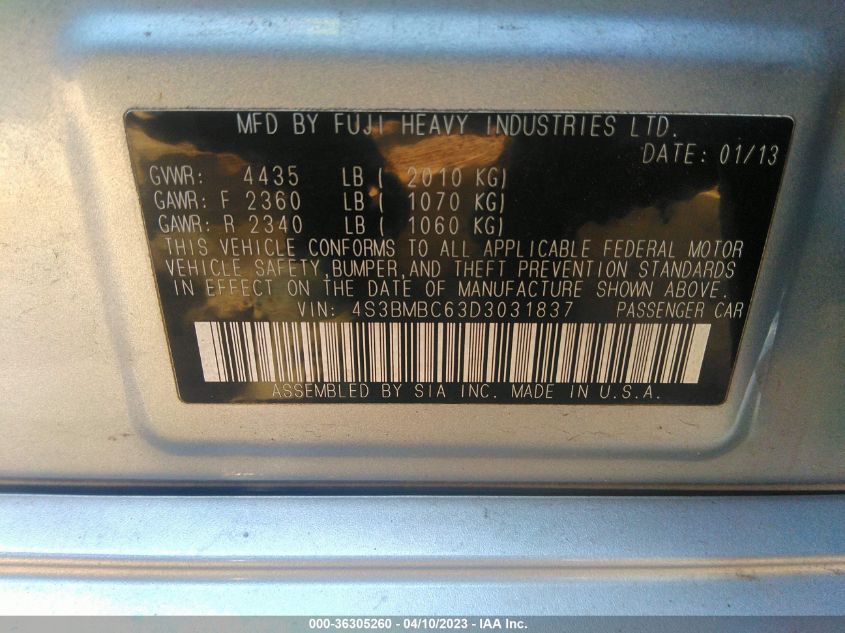 2013 SUBARU LEGACY 2.5I PREMIUM - 4S3BMBC63D3031837