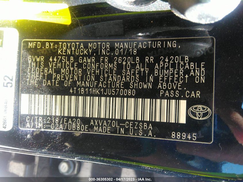 2018 TOYOTA CAMRY LE/SE/XLE/L - 4T1B11HK1JU570080