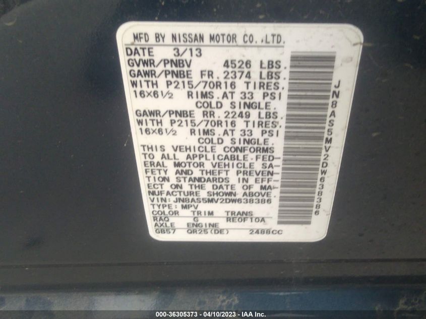 2013 NISSAN ROGUE S - JN8AS5MV2DW638386