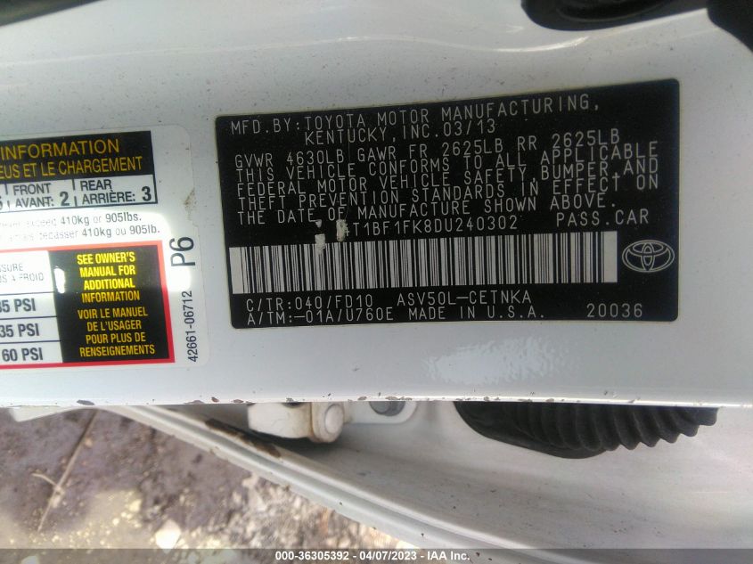 2013 TOYOTA CAMRY L/LE/SE/XLE - 4T1BF1FK8DU240302