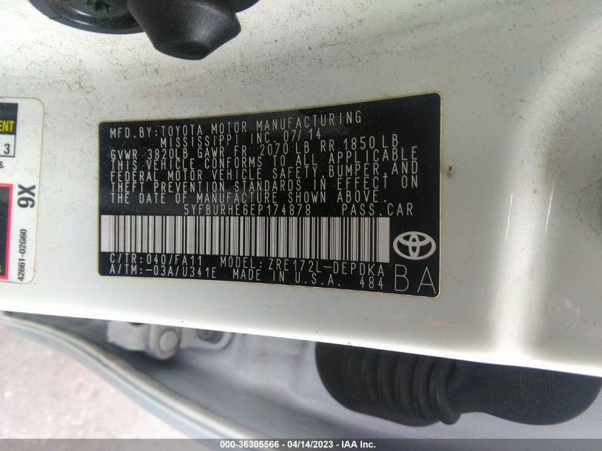 2014 TOYOTA COROLLA L/LE/S/S PLUS/LE PLUS - 5YFBURHE6EP174878