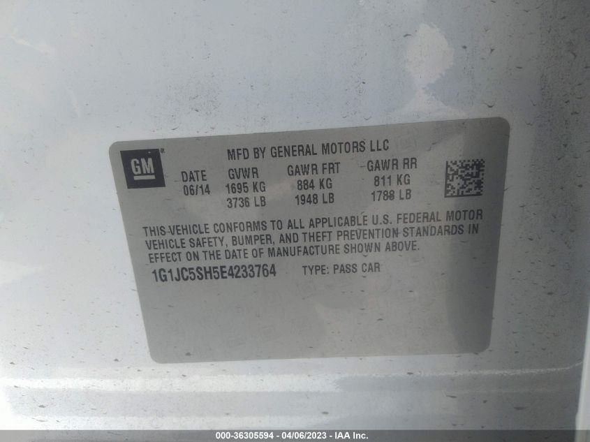 2014 CHEVROLET SONIC LT - 1G1JC5SH5E4233764