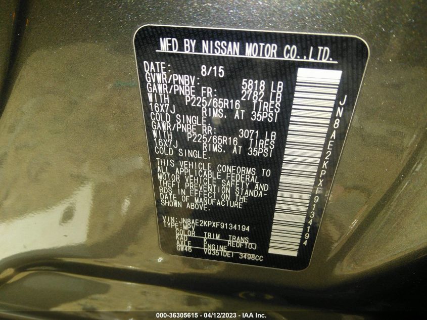 2015 NISSAN QUEST SV - JN8AE2KPXF9134194