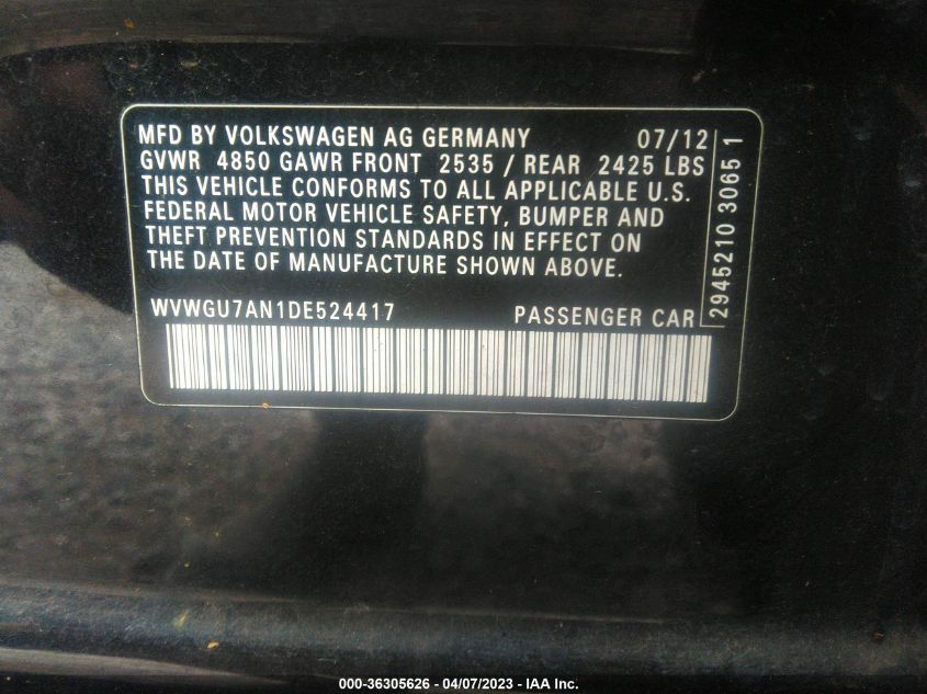 2013 VOLKSWAGEN CC VR6 EXECUTIVE 4MOTION - WVWGU7AN1DE524417