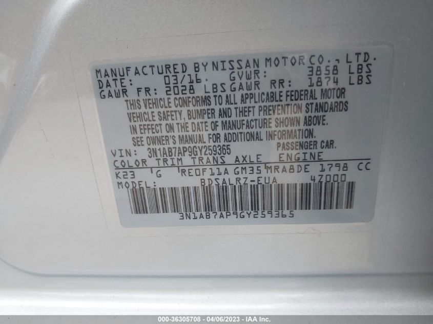 2016 NISSAN SENTRA SR - 3N1AB7AP9GY259365