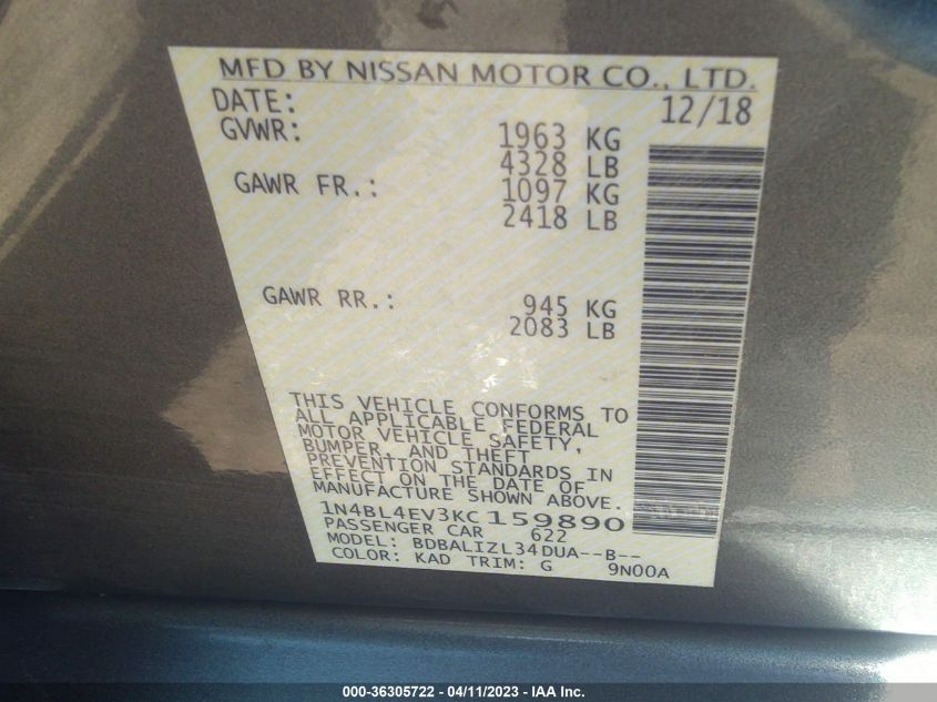 2019 NISSAN ALTIMA 2.5 SL - 1N4BL4EV3KC159890