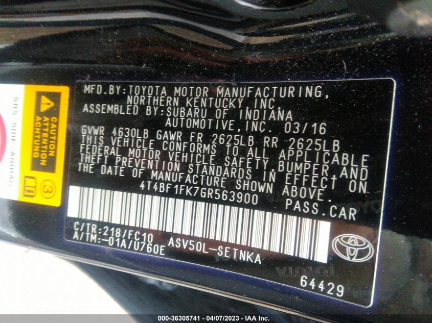2016 TOYOTA CAMRY XLE/SE/LE/XSE - 4T4BF1FK7GR563900