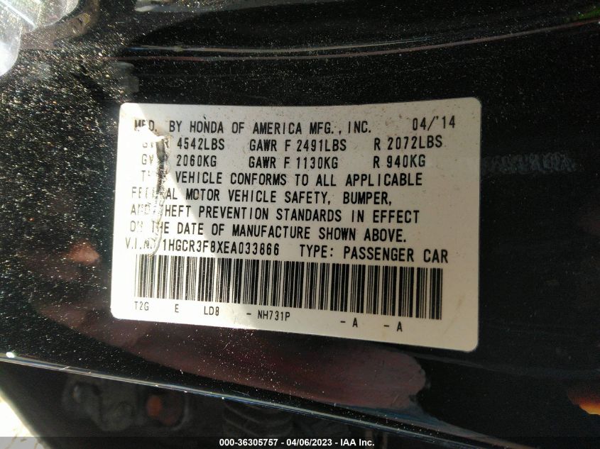 2014 HONDA ACCORD SEDAN EX-L - 1HGCR3F8XEA033866