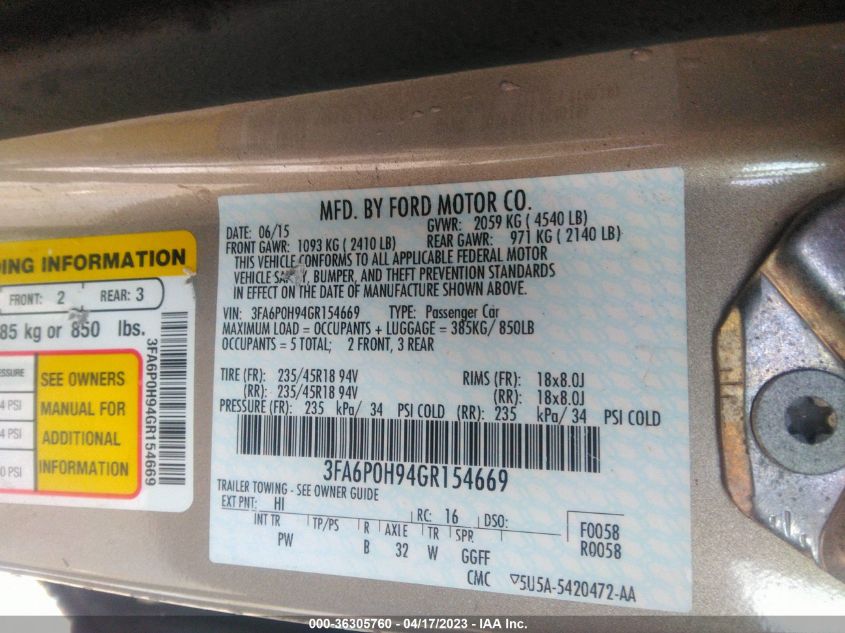 2016 FORD FUSION SE - 3FA6P0H94GR154669