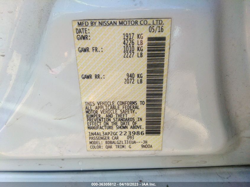 2016 NISSAN ALTIMA 2.5 S - 1N4AL3AP2GC223986