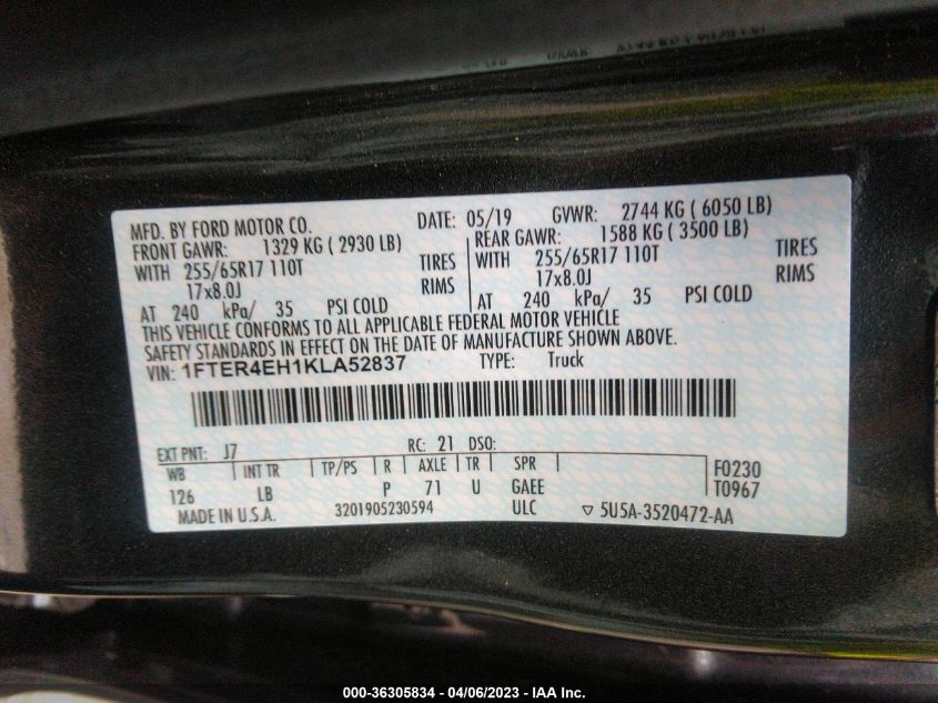 2019 FORD RANGER XL/XLT/LARIAT - 1FTER4EH1KLA52837
