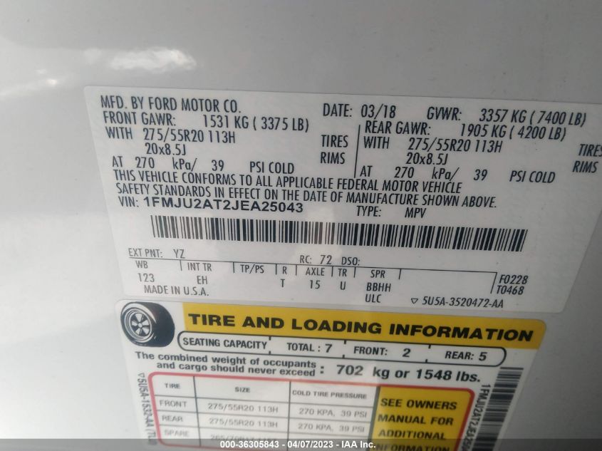 2018 FORD EXPEDITION LIMITED - 1FMJU2AT2JEA25043