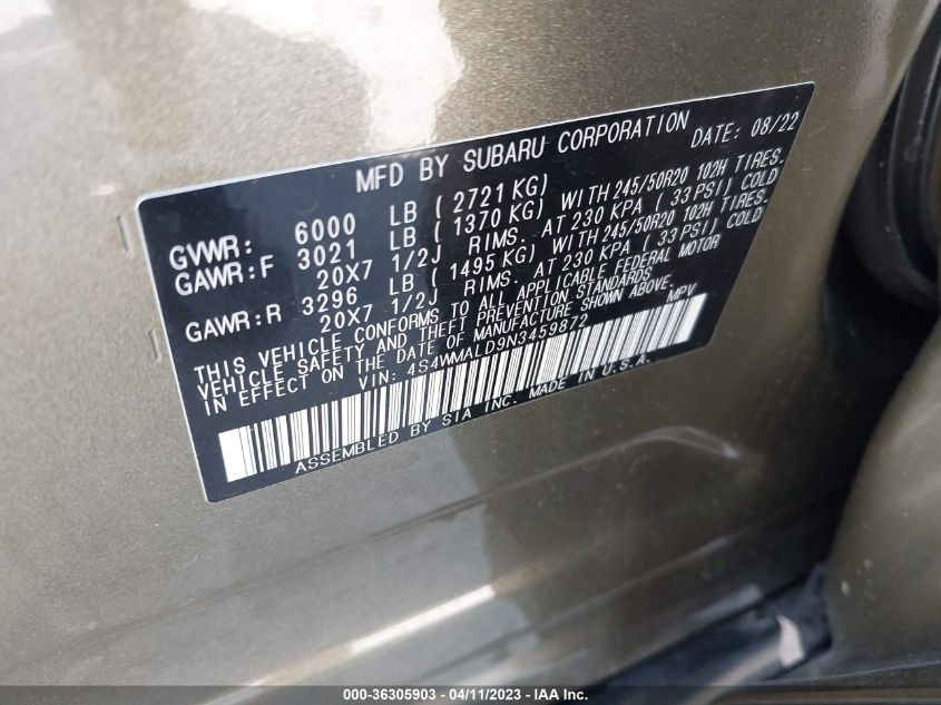 2022 SUBARU ASCENT LIMITED - 4S4WMALD9N3459872