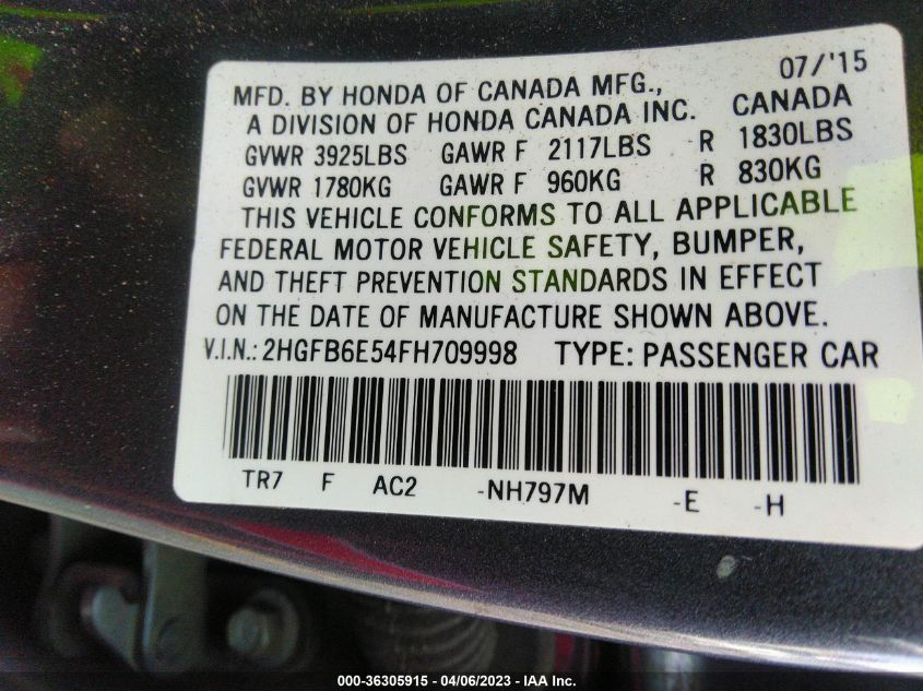 2015 HONDA CIVIC SEDAN SI - 2HGFB6E54FH709998