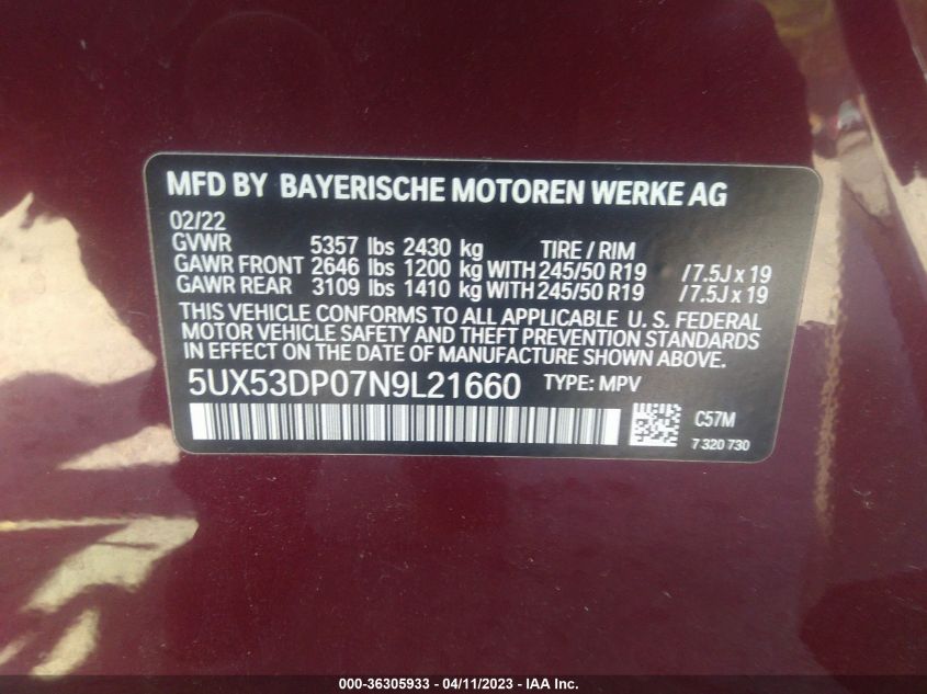 2022 BMW X3 XDRIVE30I - 5UX53DP07N9L21660