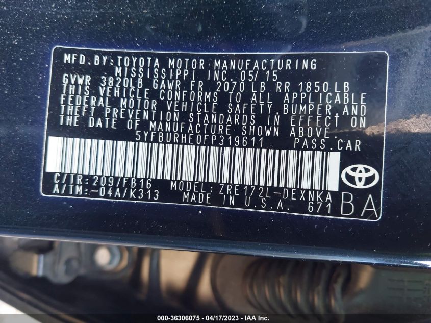 2015 TOYOTA COROLLA L/LE/S/S PLUS/LE PLUS - 5YFBURHE0FP319611