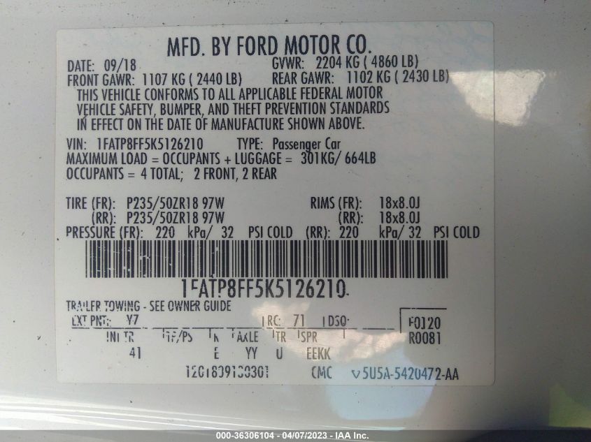 2019 FORD MUSTANG GT PREMIUM - 1FATP8FF5K5126210