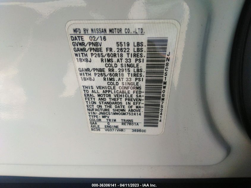 2016 INFINITI QX70 JN8CS1MW0GM752414