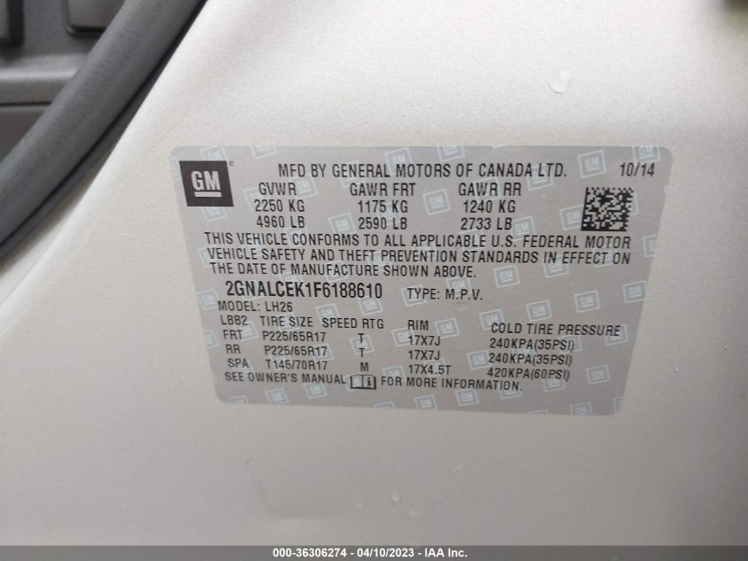 2015 CHEVROLET EQUINOX LT - 2GNALCEK1F6188610