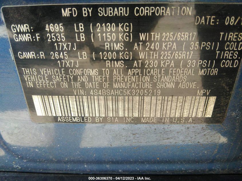 2019 SUBARU OUTBACK PREMIUM - 4S4BSAHC5K3205219