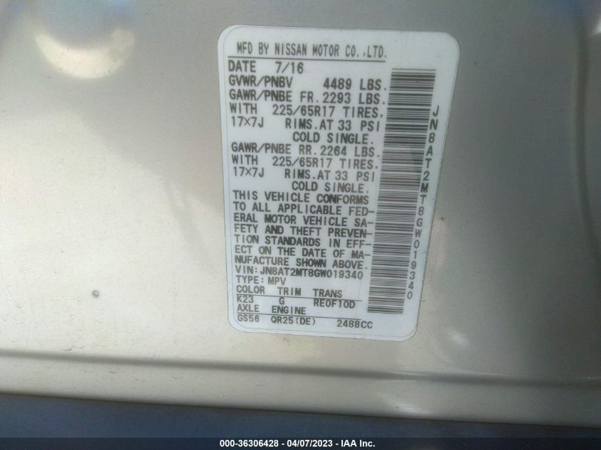 2016 NISSAN ROGUE S - JN8AT2MT8GW019340