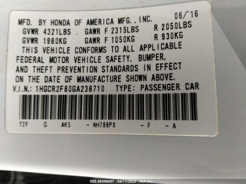 2016 HONDA ACCORD SEDAN EX-L - 1HGCR2F80GA238710