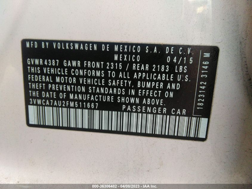 2015 VOLKSWAGEN GOLF SPORTWAGEN TDI S - 3VWCA7AU2FM511667