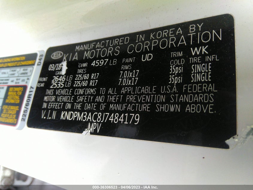 VIN KNDPM3AC8J7484179 2018 KIA SPORTAGE LX