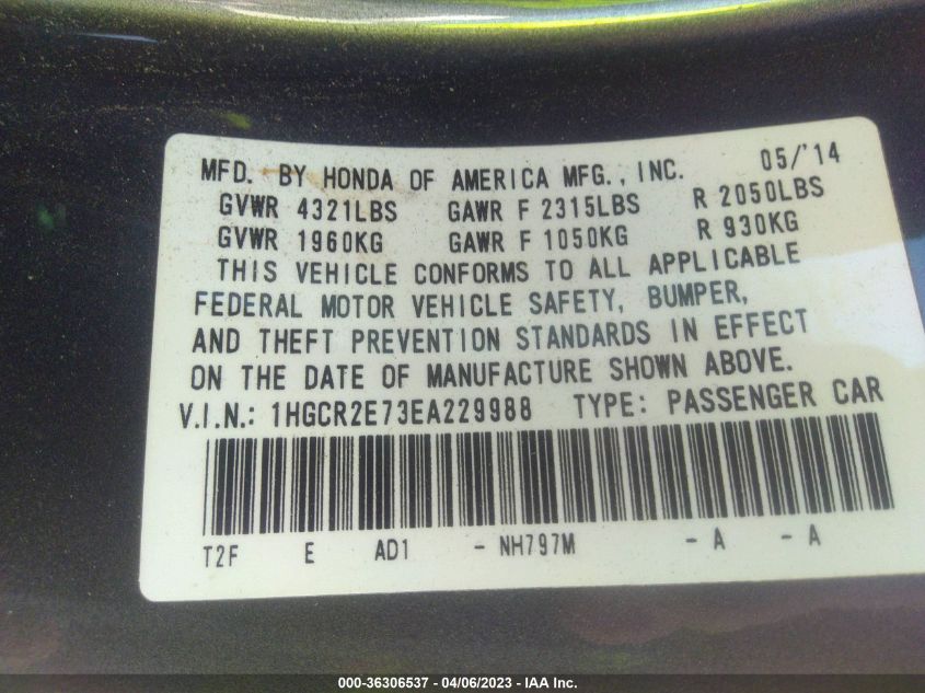2014 HONDA ACCORD SEDAN EX - 1HGCR2E73EA229988