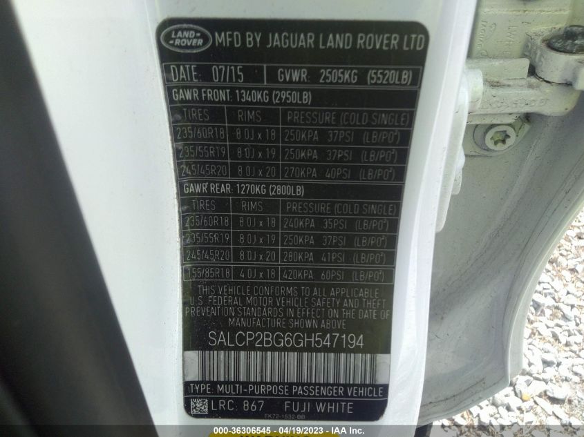 2016 LAND ROVER DISCOVERY SPORT SE - SALCP2BG6GH547194