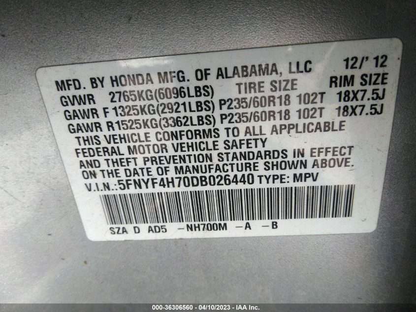 2013 HONDA PILOT EX-L - 5FNYF4H70DB026440