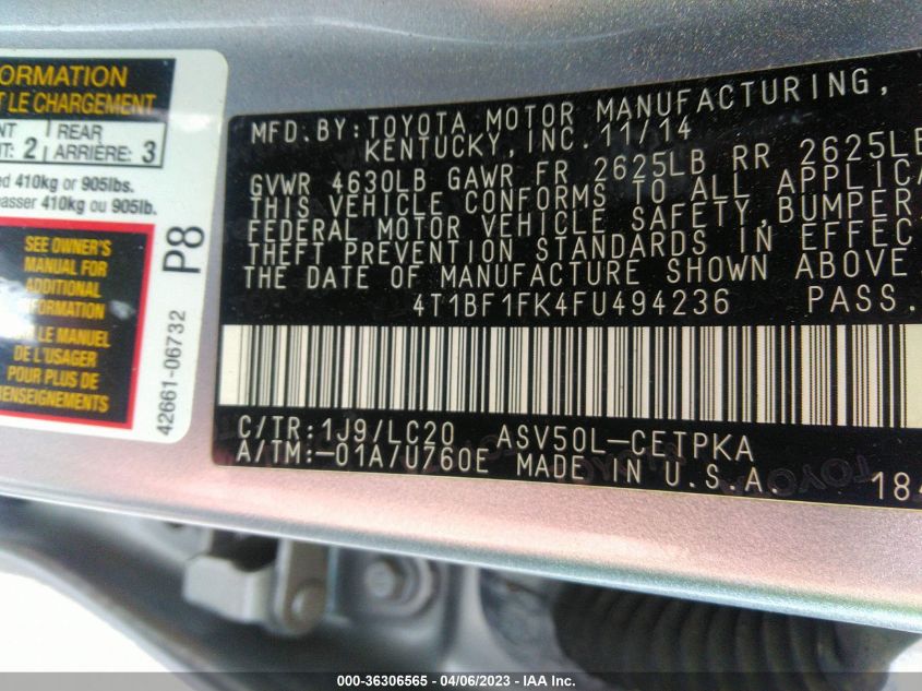 2015 TOYOTA CAMRY XLE/SE/LE/XSE - 4T1BF1FK4FU494236