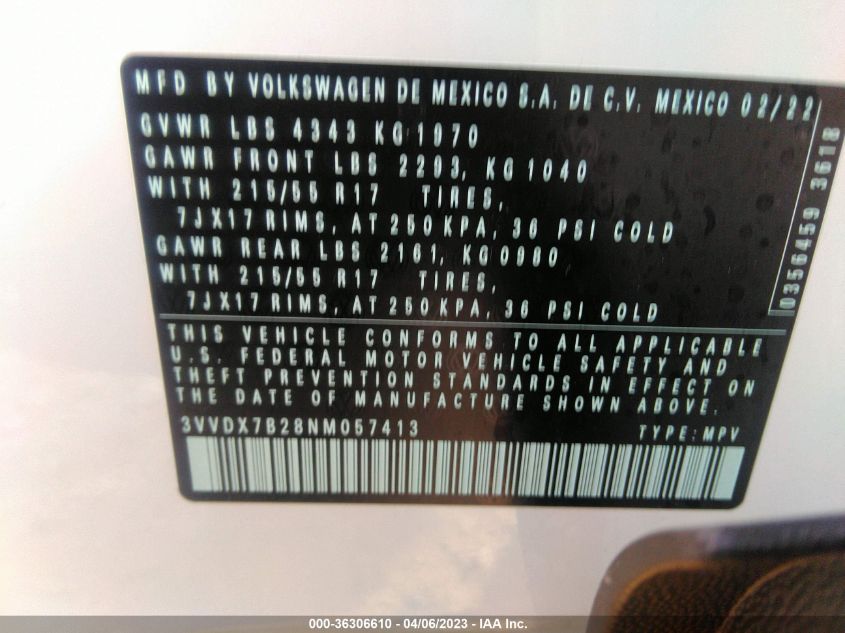 2022 VOLKSWAGEN TAOS S - 3VVDX7B28NM057413