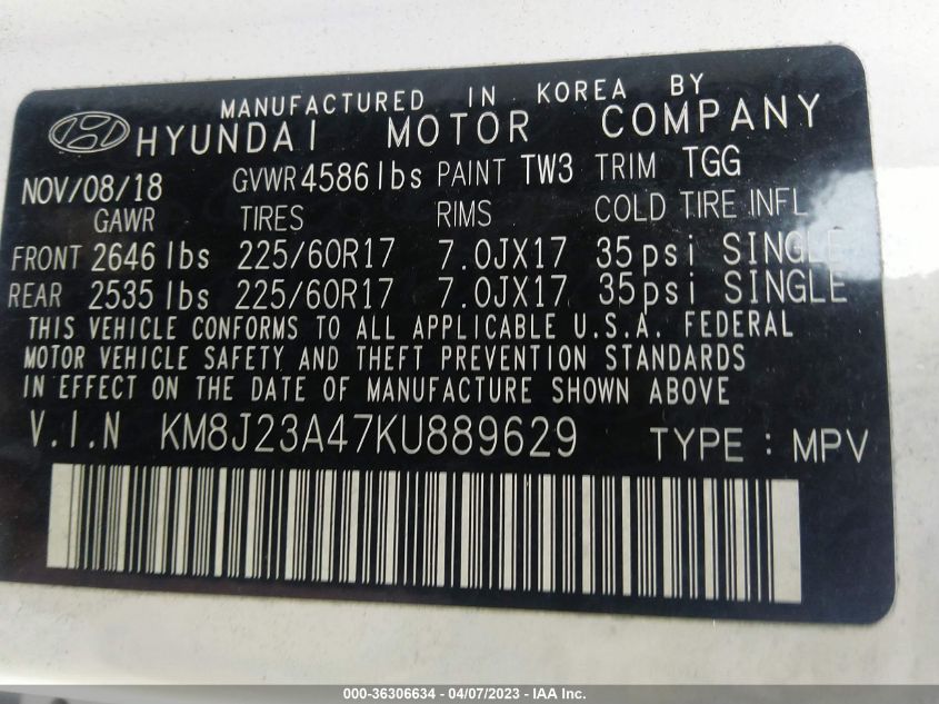 2019 HYUNDAI TUCSON SE - KM8J23A47KU889629