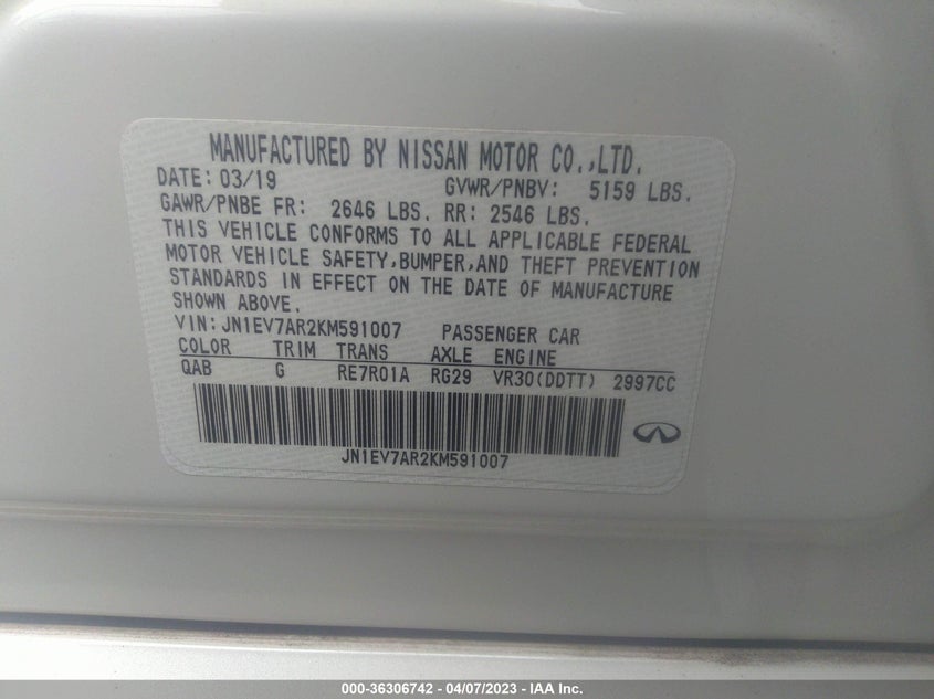 VIN JN1EV7AR2KM591007 2019 INFINITI Q50 3.0T LUXE