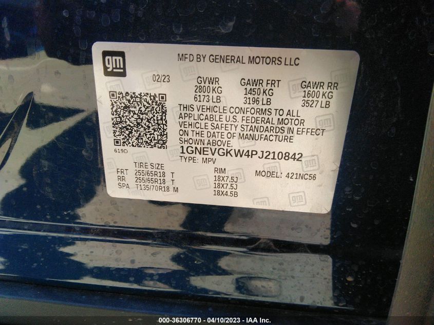 2023 CHEVROLET TRAVERSE LT CLOTH - 1GNEVGKW4PJ210842