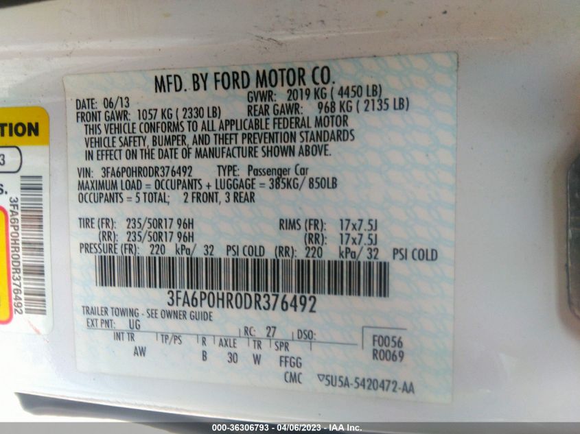 2013 FORD FUSION SE - 3FA6P0HR0DR376492