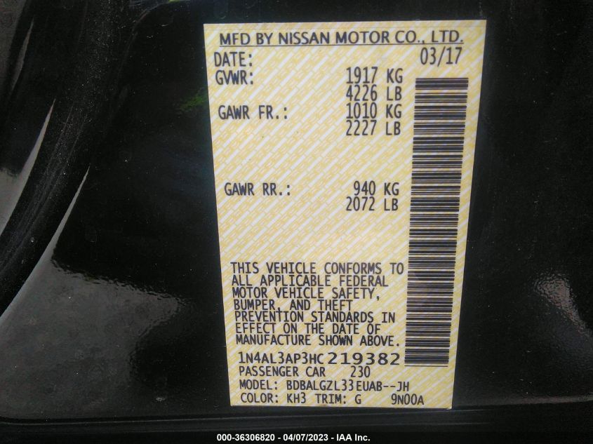 2017 NISSAN ALTIMA 2.5 S - 1N4AL3AP3HC219382