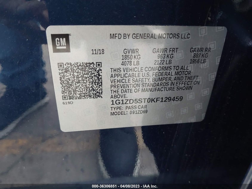 VIN 1G1ZD5ST0KF129459 2019 CHEVROLET MALIBU LT