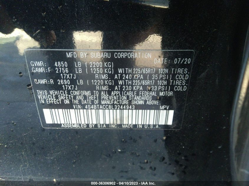 2020 SUBARU OUTBACK PREMIUM - 4S4BTACC8L3244943