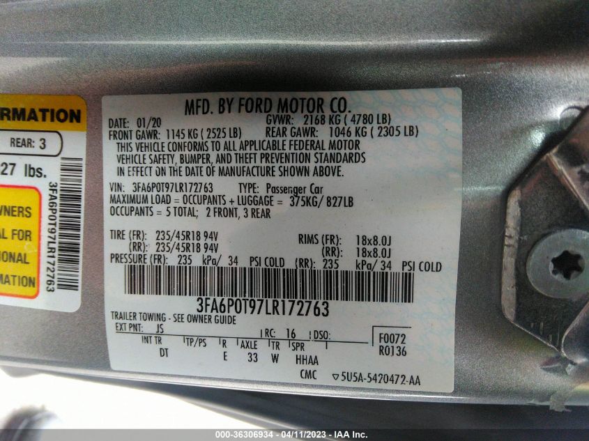 2020 FORD FUSION SE - 3FA6P0T97LR172763