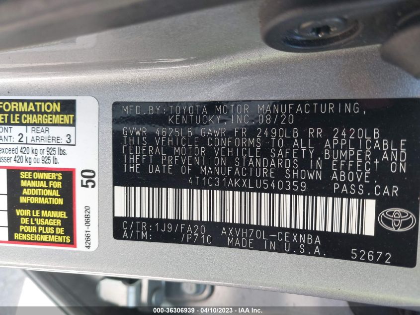 2020 TOYOTA CAMRY HYBRID LE - 4T1C31AKXLU540359