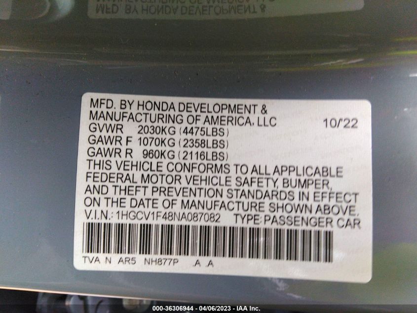2022 HONDA ACCORD SEDAN SPORT SE - 1HGCV1F48NA087082
