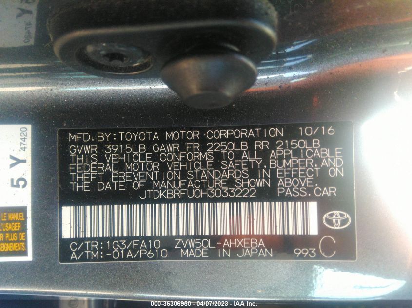 2017 TOYOTA PRIUS TWO/TWO ECO/THREE - JTDKBRFU0H3033222