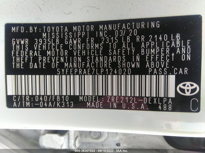 VIN 5YFEPRAE7LP124020 2020 TOYOTA COROLLA LE
