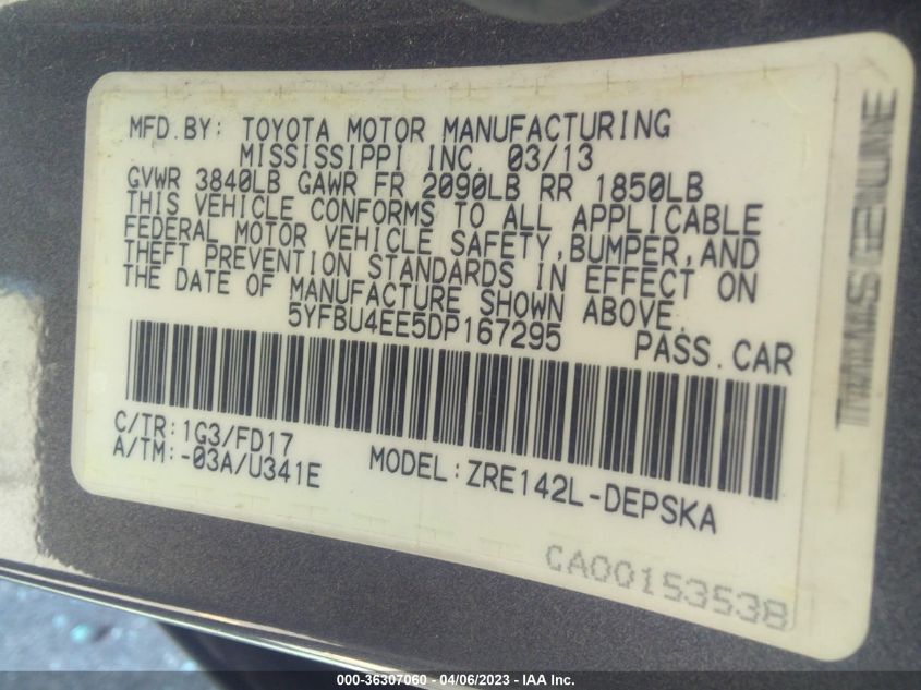 2013 TOYOTA COROLLA S - 5YFBU4EE5DP167295