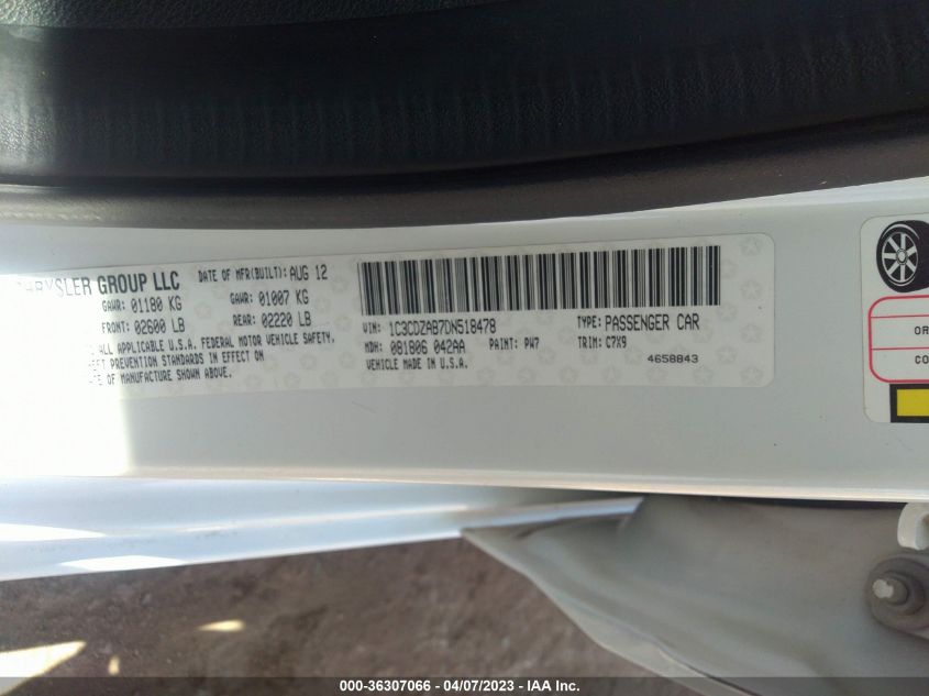 2013 DODGE AVENGER SE - 1C3CDZAB7DN518478